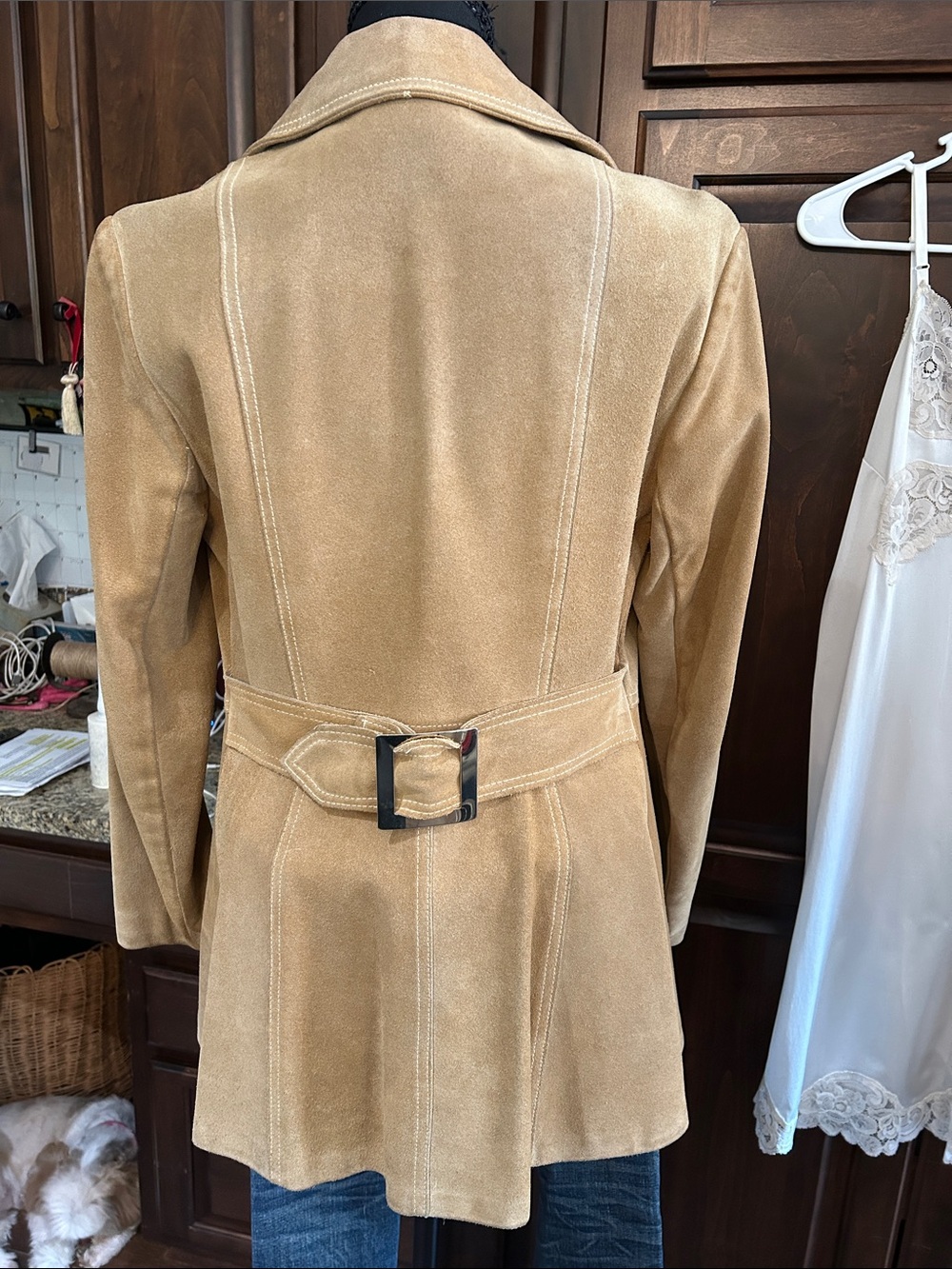 Suede Long Coat - Tan Women's Jacket - Picture 2 of 8